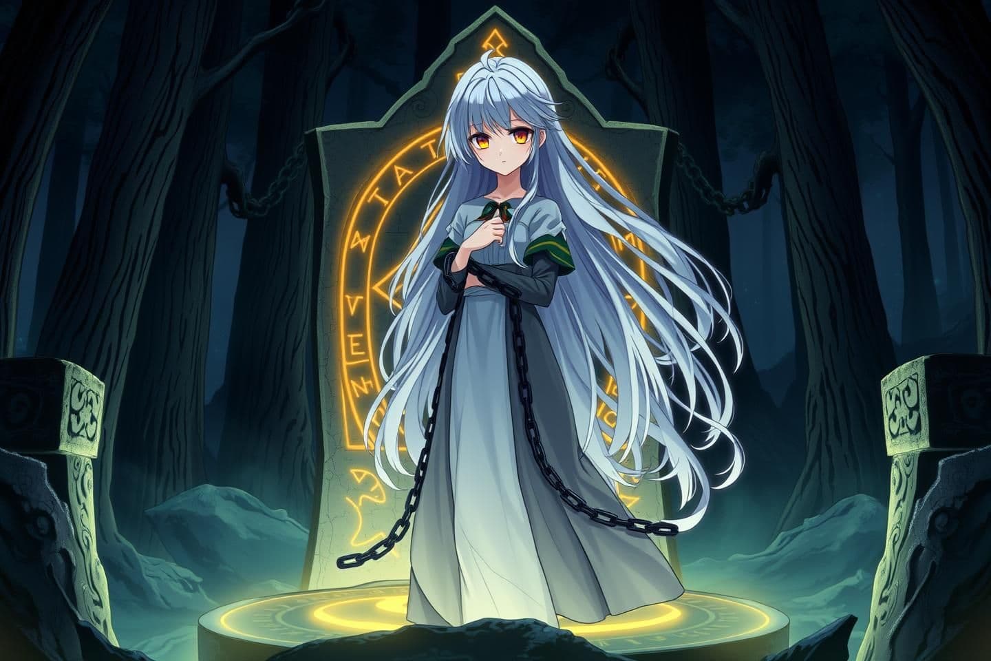 AI generated: 2. The Young Woman / Damsel
Description: Mysterious, ethereal, perhaps connected to the forest’s magic. She may be a forest guardian or a cursed princess. Her chains are magical a
