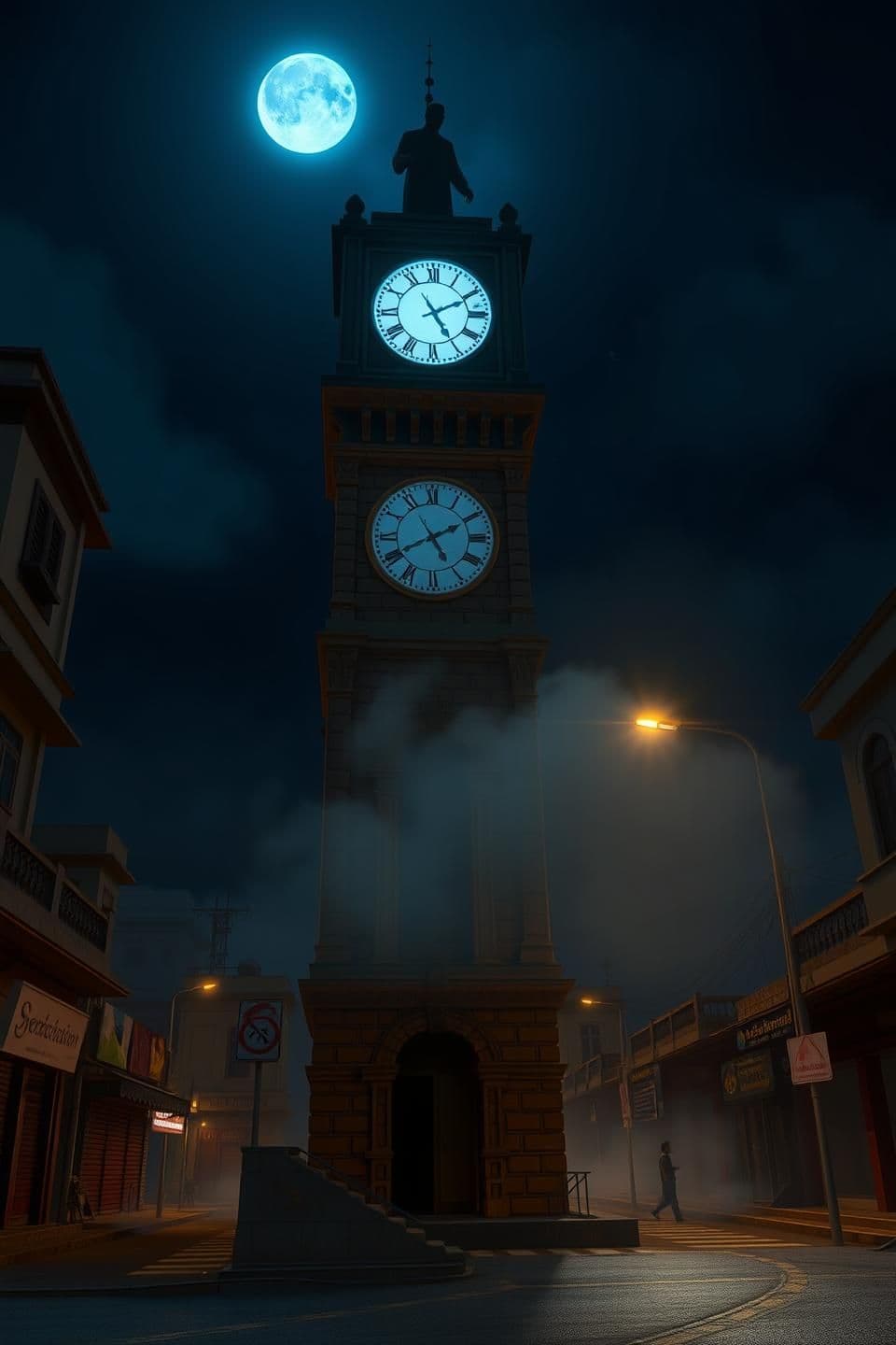 AI generated: A haunting night scene of the old Indian clock tower, 3D cartoon horror style. Same tower under a dark midnight sky, clock showing 12:00 again. At the very top of the tower, a huma