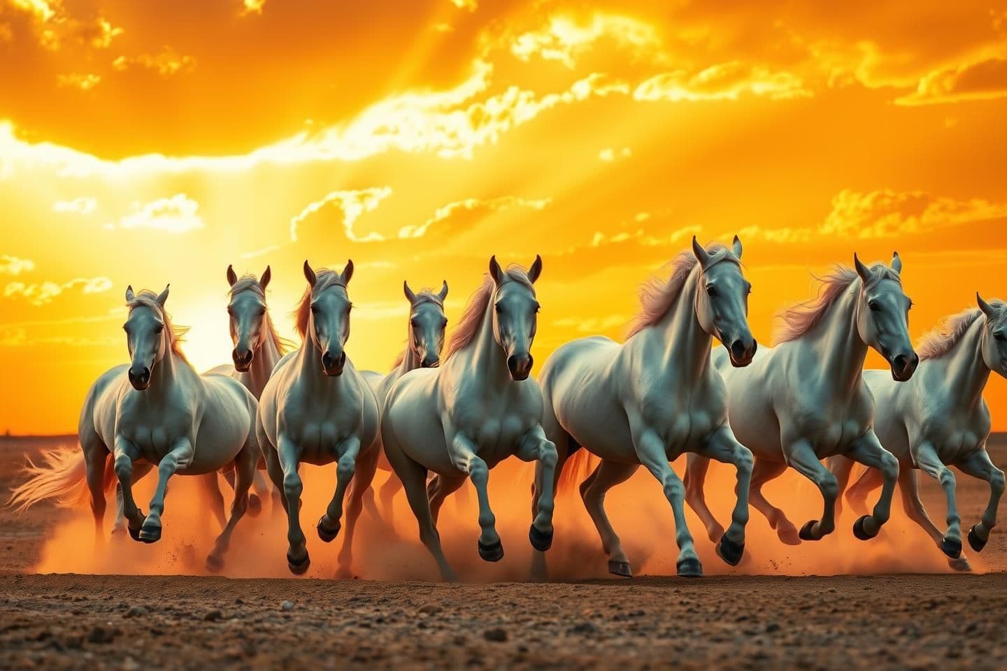 AI generated: Seven white horses running together in formation, bright golden-orange sunset sky, dramatic clouds with yellow light rays, vibrant warm colors, dust rising from the ground as they