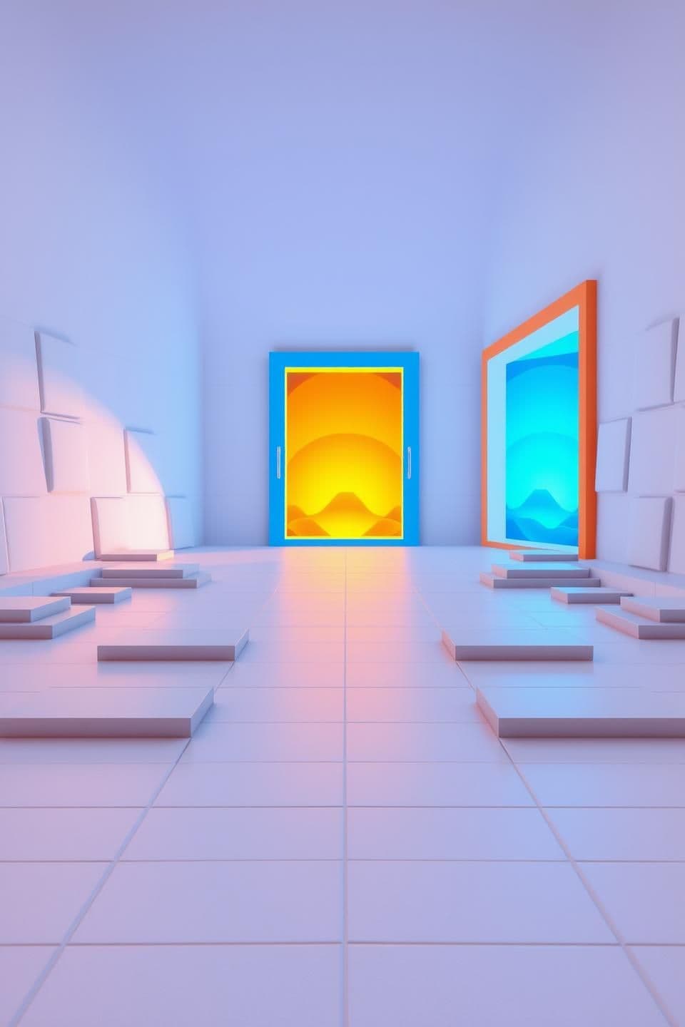 AI generated: ltra-high-resolution 3D cartoon environment, extra wide frame, bright mobile-game style graphics. A long raised pathway made of smooth gray tiles extends toward the center. On both