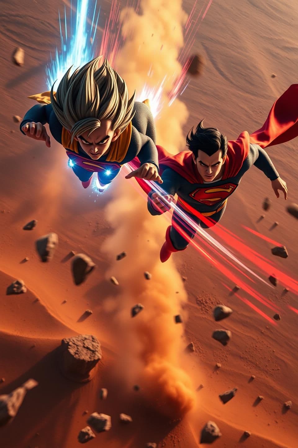 AI generated: Cinematic, high-detail action scene.
Vegeta and Superman zoom through the air above the desert, leaving trails of blue and red energy. Rocks and dust spiral below from the shockwav