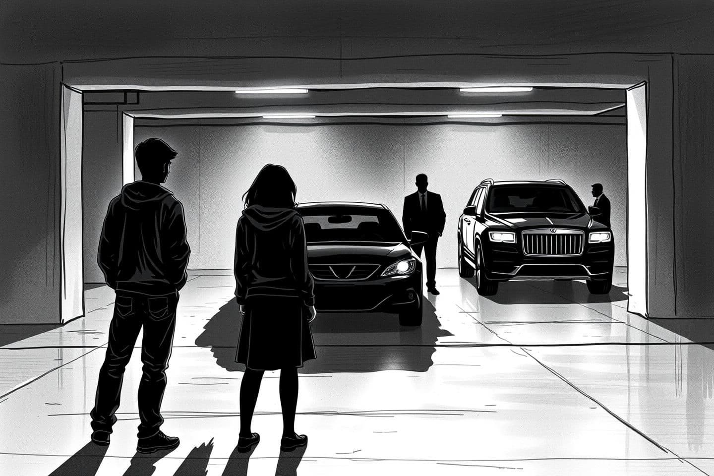 AI generated: "*"Black-and-white sketch set inside a dim, underground parking lot. Three figures—two teen boys with a girl a—stand together in the foreground with their backs turned to the viewe