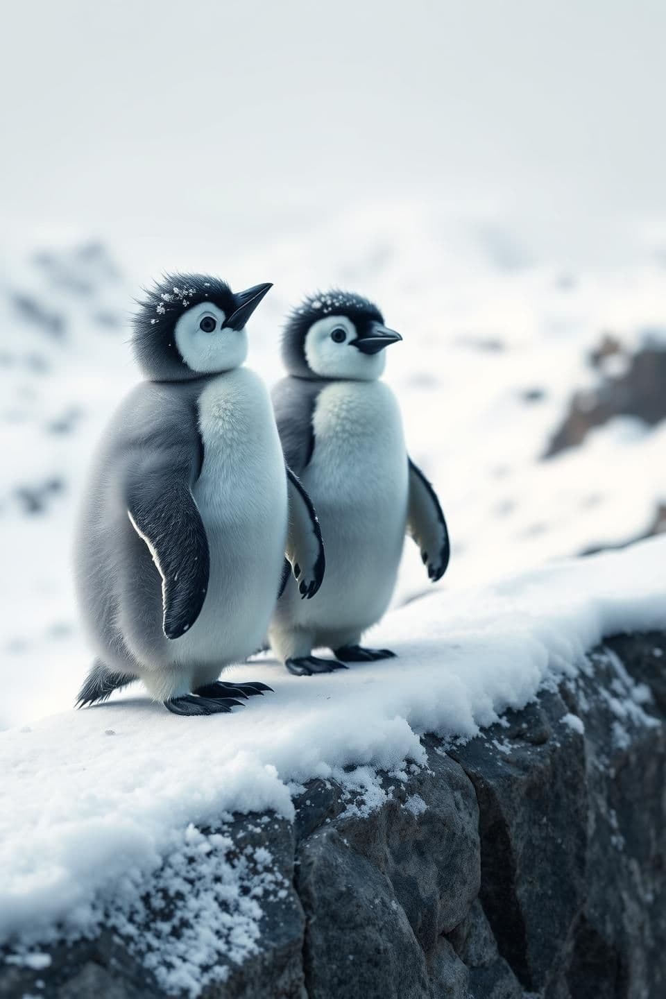 AI generated: Ultra-Ultra-realistic mid-shot on a small snow-covered rock ledge overlooking a soft white snowy valley. Cold daylight, muted sky, gentle winter shadows. Two baby penguins stand on