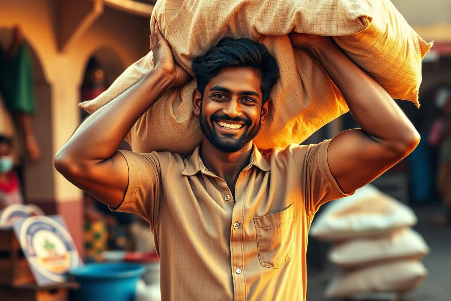 AI generated: "A high-quality commercial shot of a strong, fit Indian man lifting a heavy sack of grain or a large wooden crate on his shoulder with an effortless, confident smile. He is wearing
