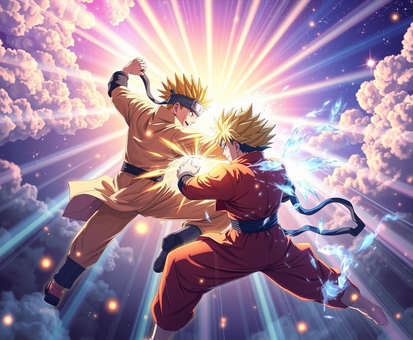 AI generated: “Ultra-detailed 4K illustration of Naruto (Sage of Six Paths mode) fighting Goku (Ultra Instinct). Scene set in a heaven-like space dimension with bright celestial clouds, cosmic l