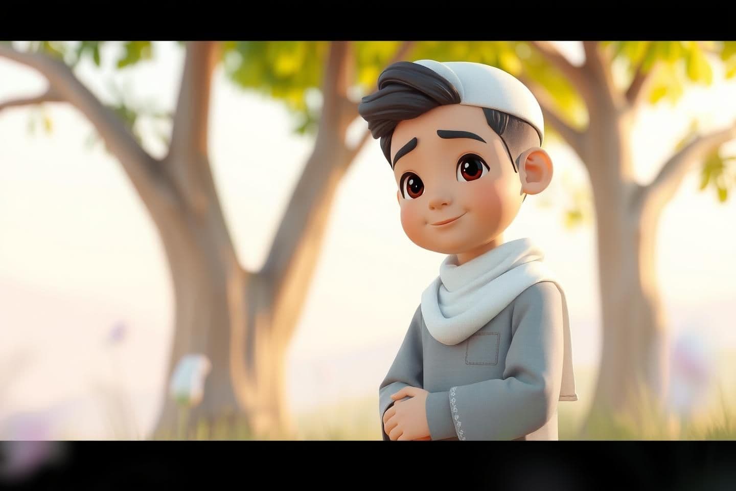 AI generated: A heartfelt 3D scene featuring a Muslim youth in a peaceful setting. The young character is dressed in traditional modest attire, with a gentle, warm expression. The environment ar