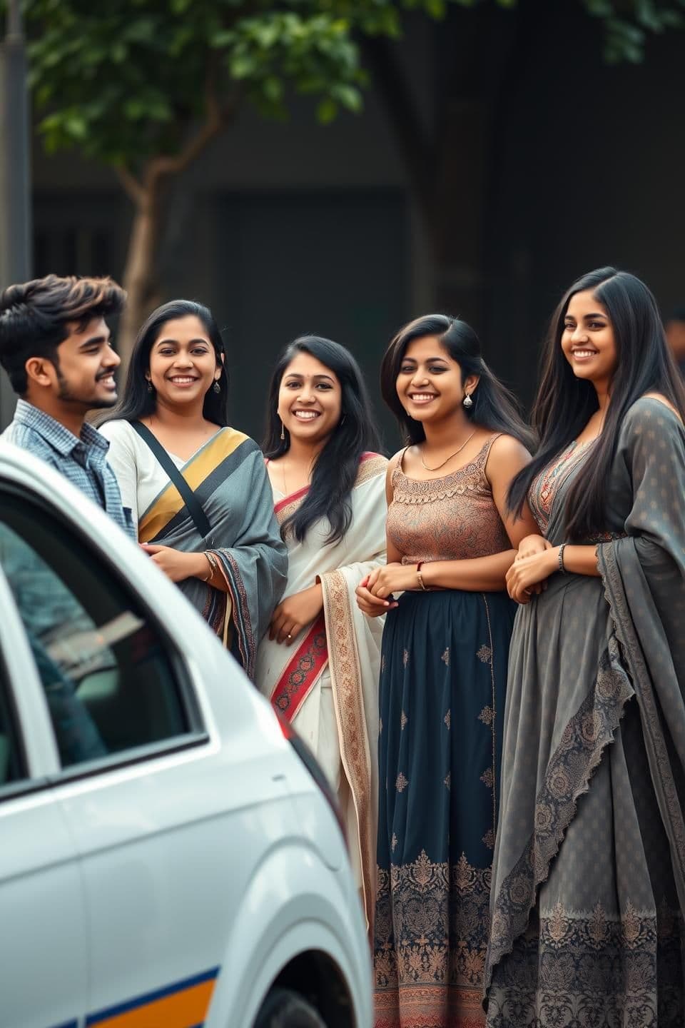 AI generated: An ultra-realistic candid photograph of four North Indian friends, all around 25 years old, standing together in an urban street setting in the afternoon around 3:00 PM, captured i