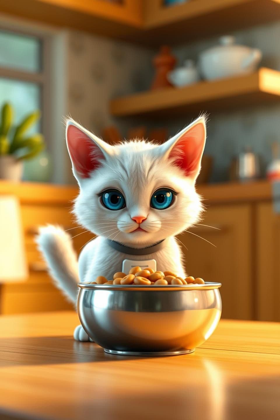 AI generated: Vertical 9:16. A cute, detailed anthropomorphic small white cat with intense blue eyes wearing a pamper stands in a cozy modern kitchen. The cat is staring dramatically at a shiny