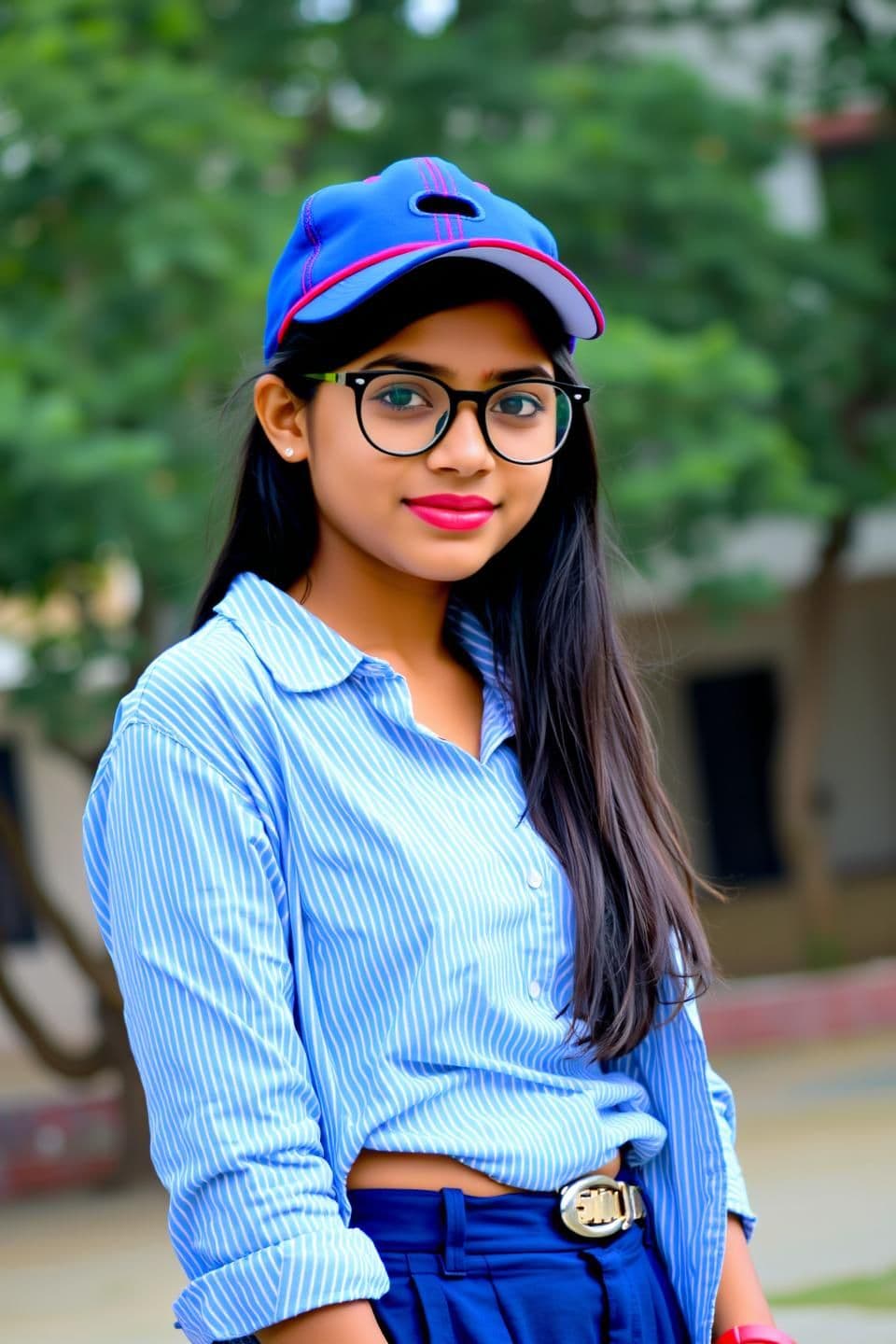 AI generated: A young woman, likely in her early sixteens , of Indian descent, is positioned slightly off-center in the frame, facing the viewer with a subtle smile. She is looking directly into