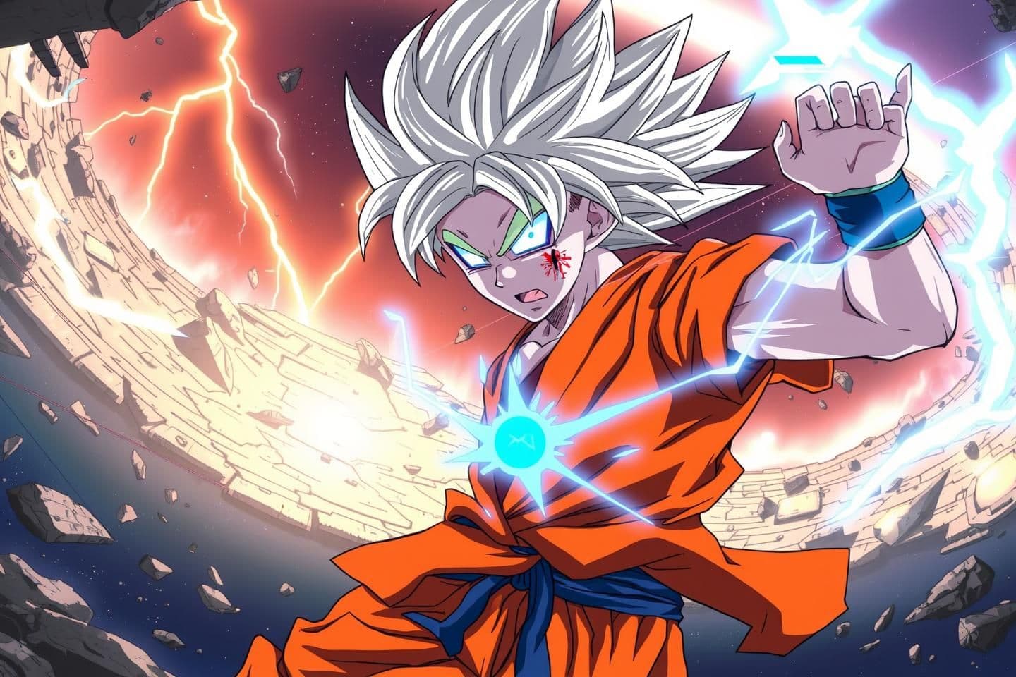AI generated: anime warrior inspired by kid Goku with silver hair and glowing eyes being injured, wearing a torn orange gi, The warrior’s silver-blue aura flares violently, and the background sh
