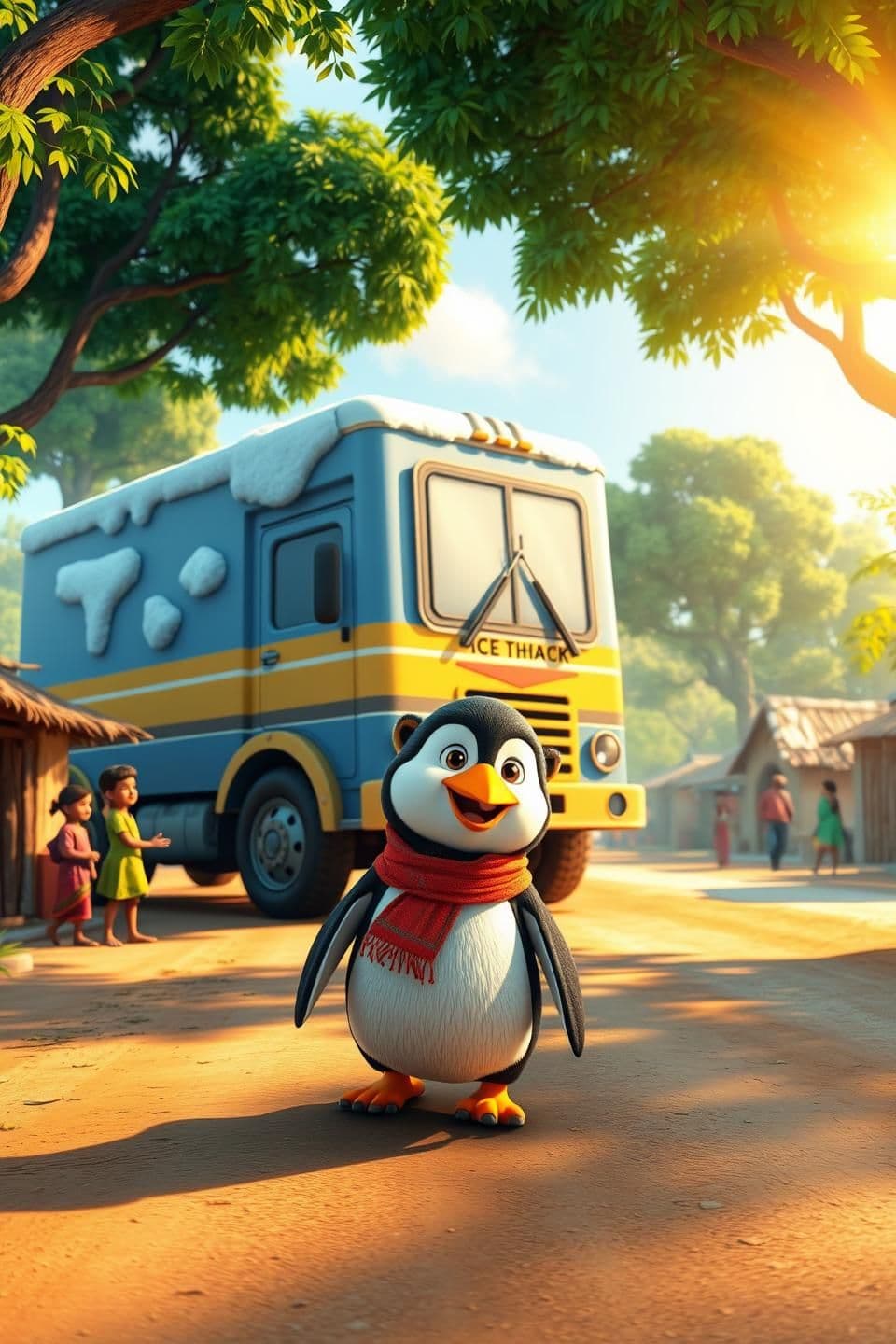 AI generated: 3D cartoonish rural Indian village street, small huts, dusty road, and trees. A big colorful ice truck with snow and frost on it stops in the middle of the road. Villagers watch cu