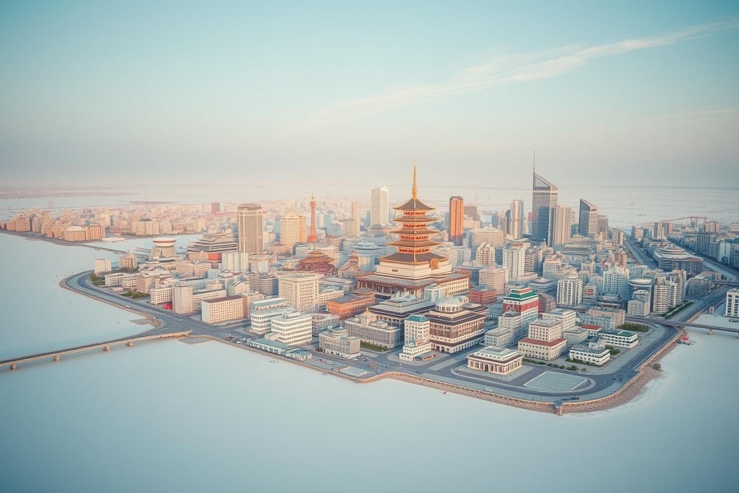 AI generated: Make an image of a massive city in a vast salt flat. This city should have modern buildings with slight hints of traditional Japanese architecture. Make sure it is lively and has a