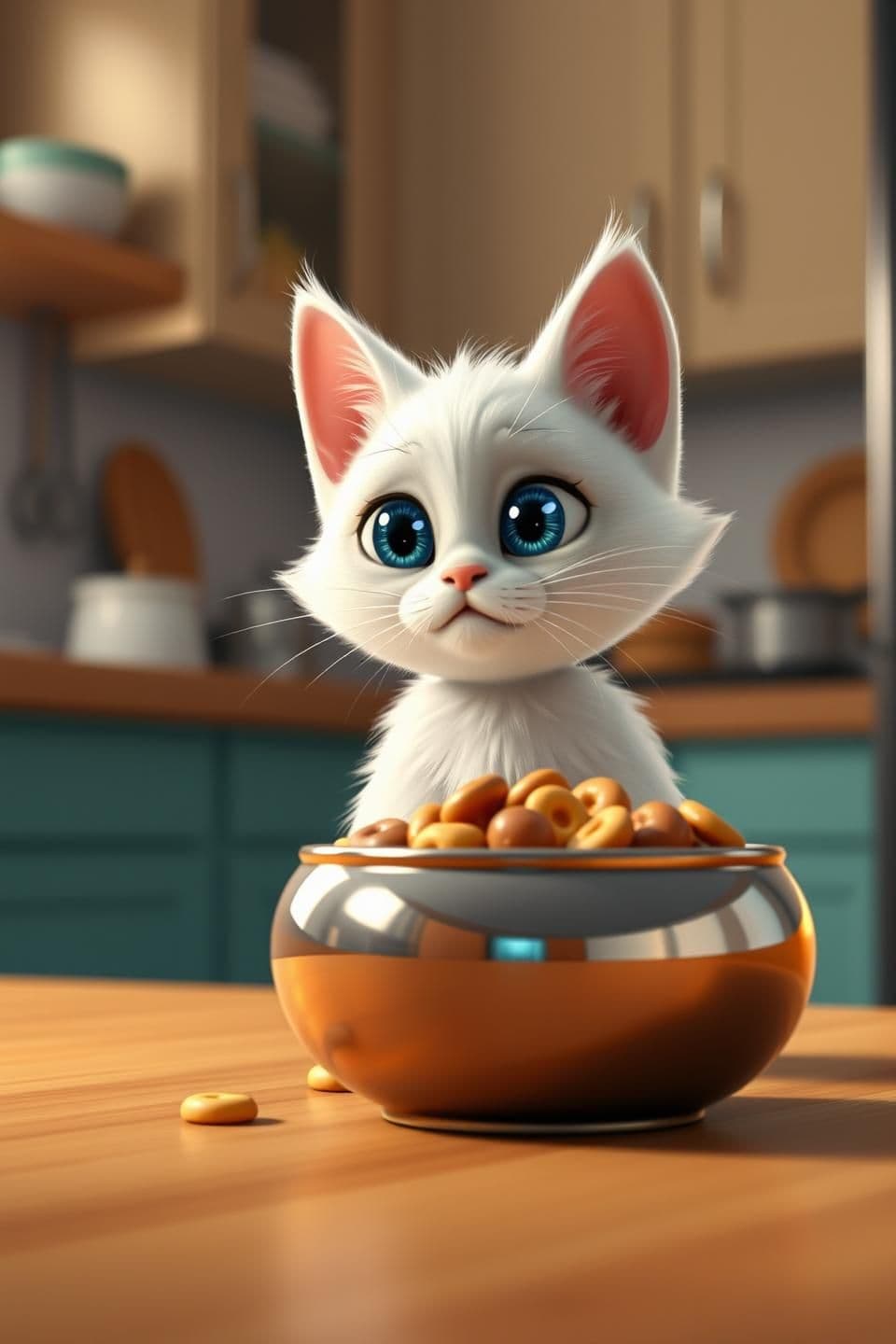 AI generated: Vertical 9:16. A cute, detailed anthropomorphic small white cat with intense blue eyes wearing a pamper stands in a cozy modern kitchen. The cat is staring dramatically at a shiny