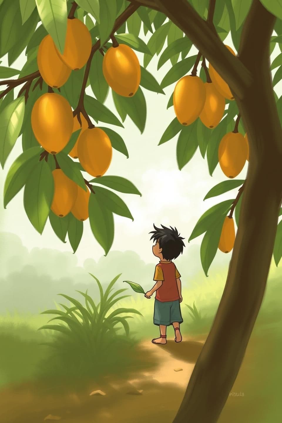 AI generated: IMPORTANT: Generate with all text in Hindi script only.
---
Bhullu visited his grandmother's mango orchard every day. As soon as the soft morning sun shone on the leaves, he wou