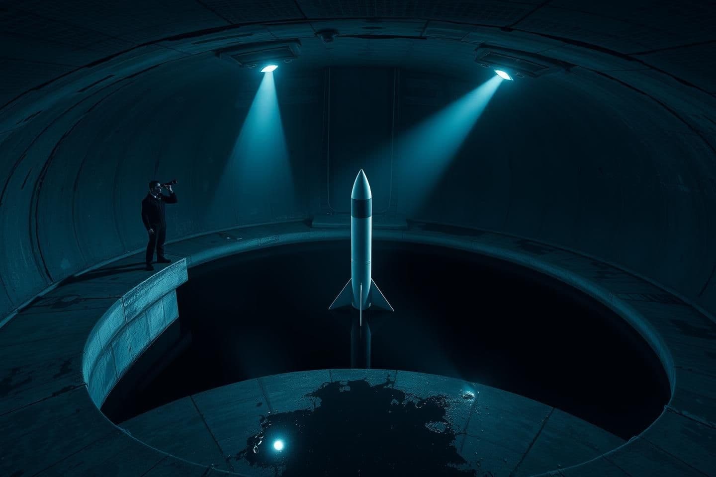 AI generated: Nighttime inside an abandoned Soviet-era underground missile silo flooded with perfectly still black water, a lone figure in black uniform stands on the edge of the circular concre