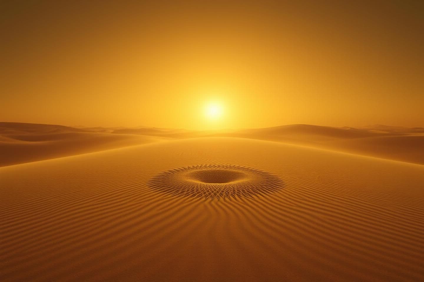 AI generated: Dark cinematic final scene set in the Egyptian desert after sunrise. The wind slowly calms, and the camera pans across the rippling dunes. In the golden sand, a faint circular patt