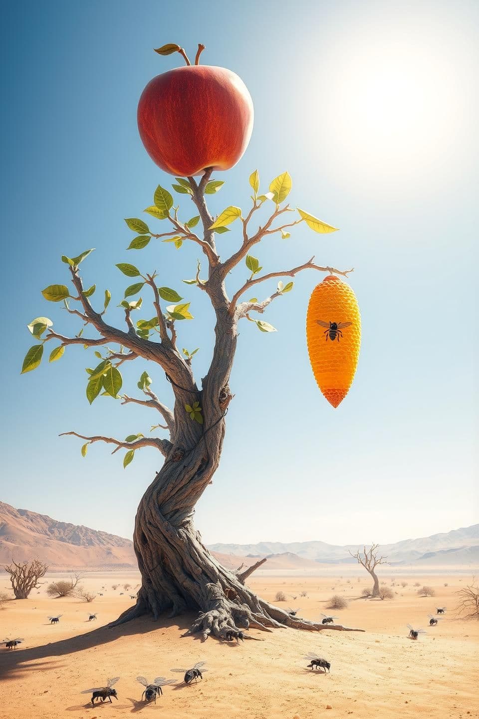 AI generated: A surreal tree growing in the middle of a desert, instead of normal fruits it has one giant red apple on top and a huge golden honeycomb hanging from a branch, black bees swarming