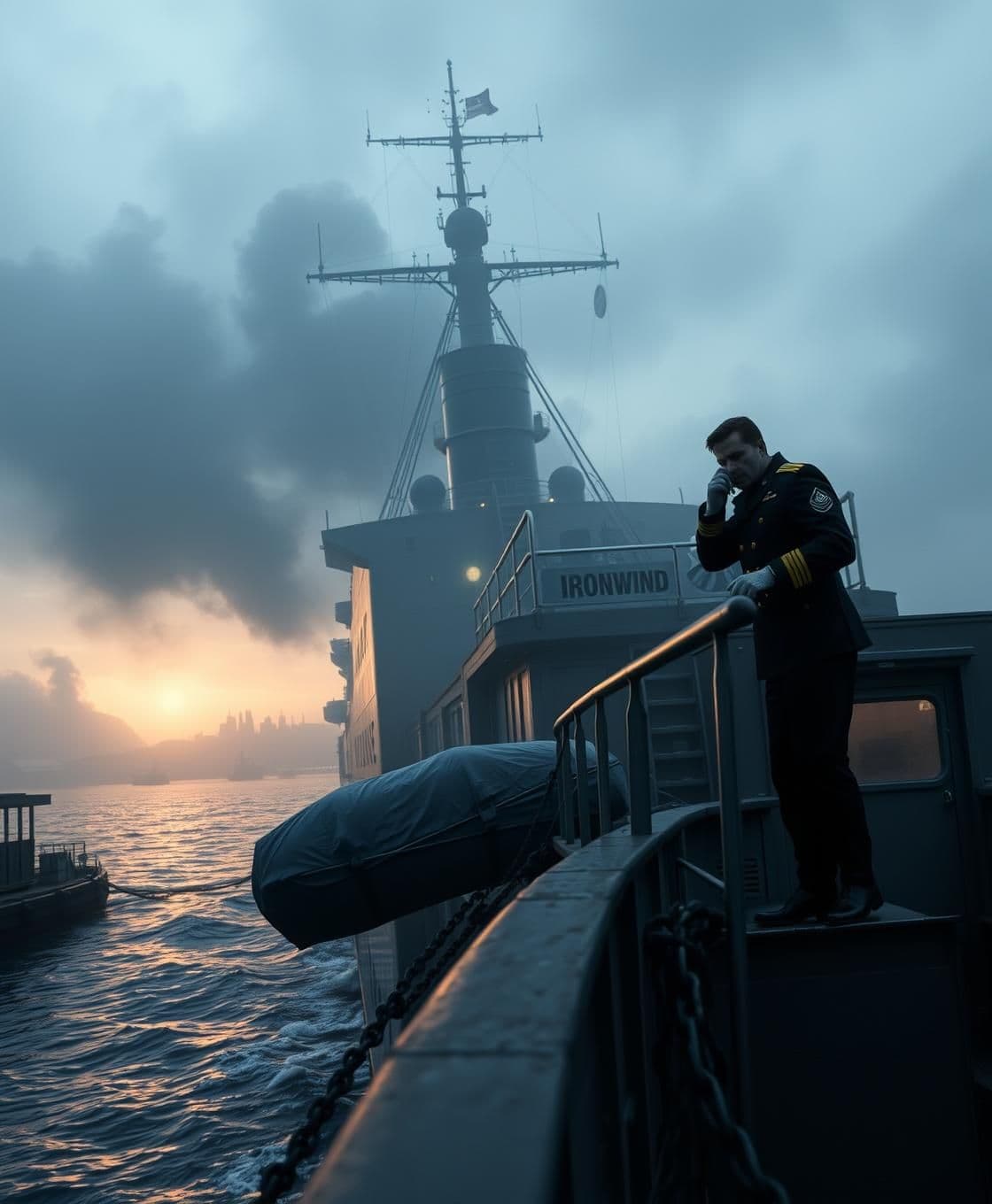 AI generated: large WWII-era ship named Ironwind leaving a foggy harbor at dawn. The docks are partly damaged, with smoke rising from a nearby bombed city. On the ship’s deck, a mysterious cover