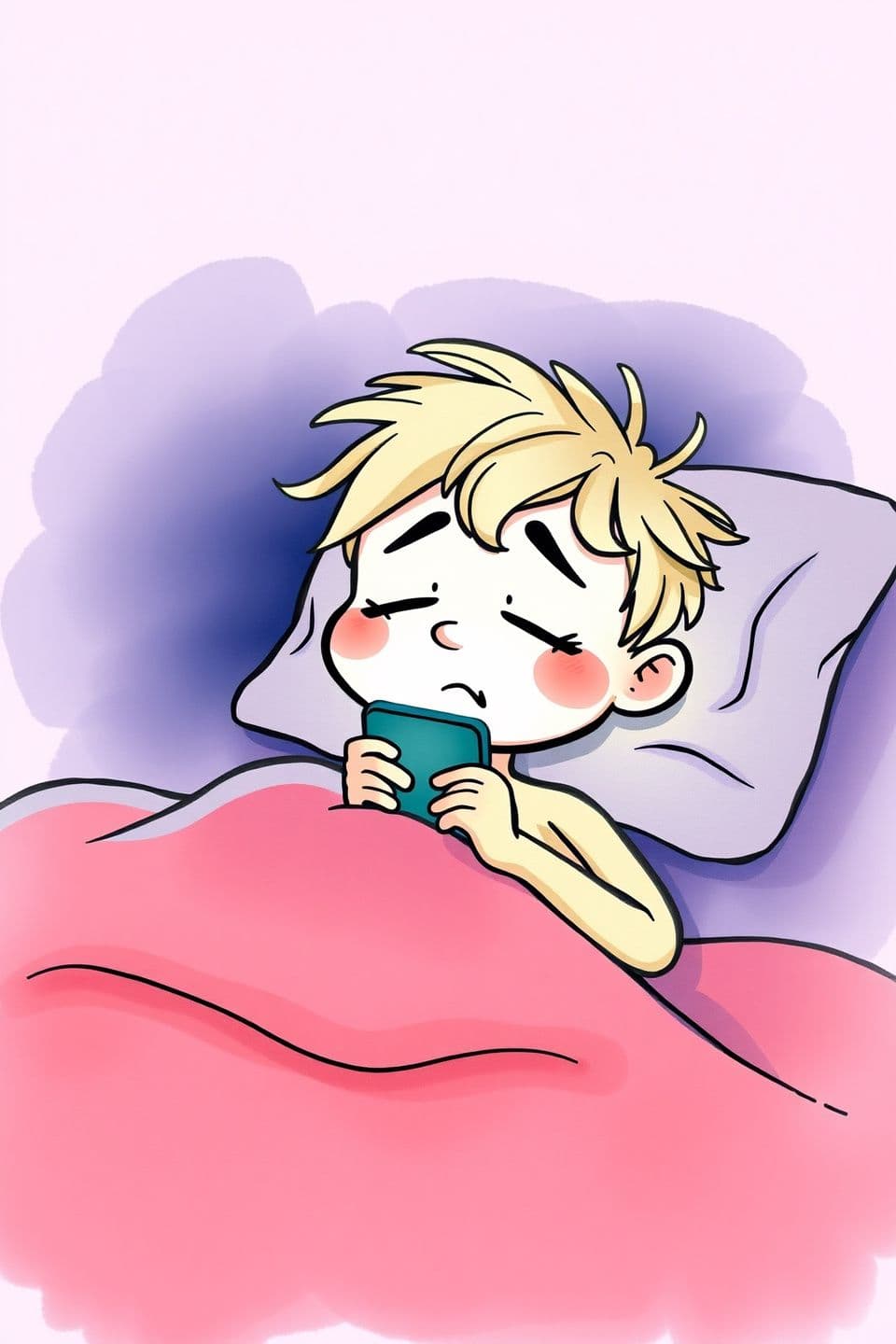AI generated: A humorous cartoon character lying on bed at night,
phone glow lighting the face,
sleepy yet addicted expression,
messy hair,
simple dark but soft background,
vertical 9:16 format,