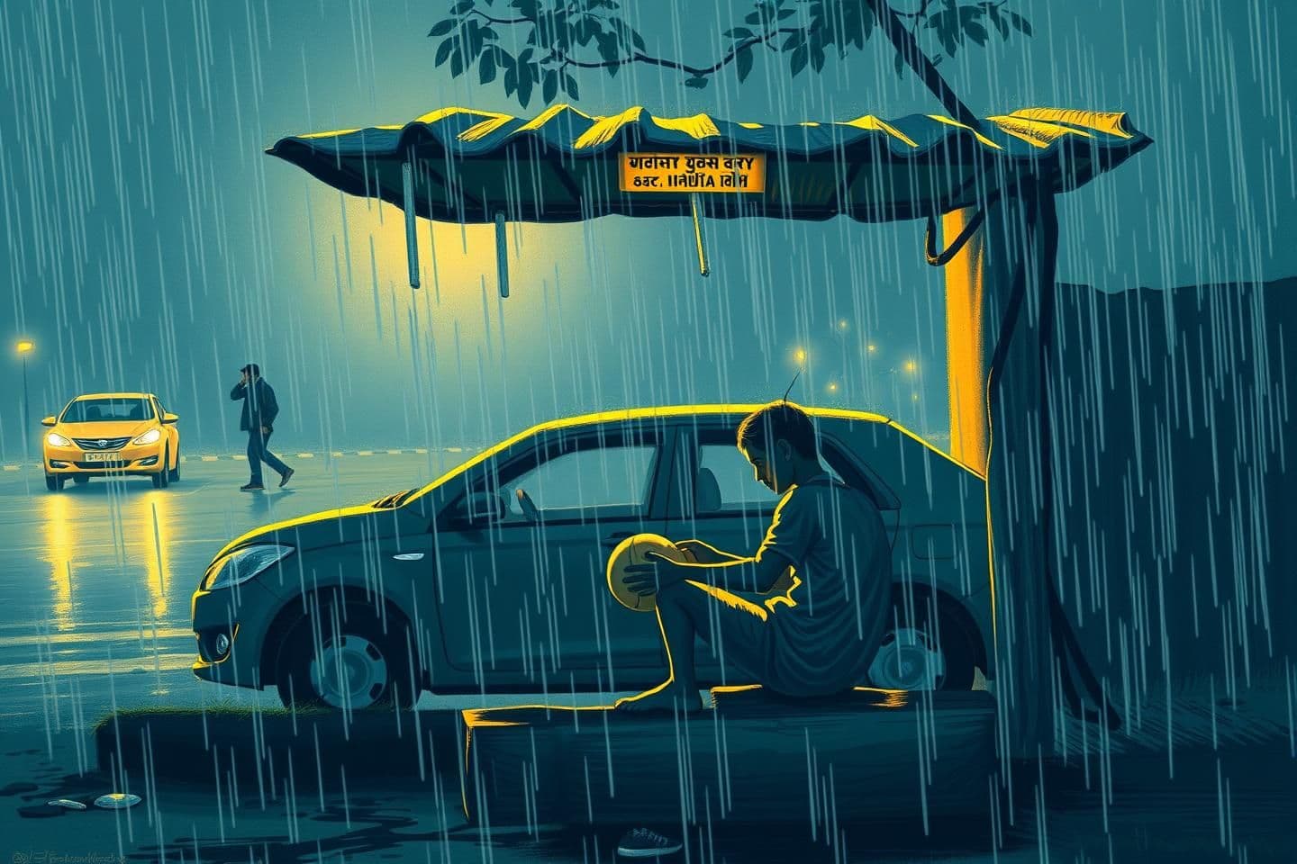 AI generated: IMPORTANT: Generate with all text in Hindi script only. Every evening, at a corner amidst the city's glittering streets, children played football. On that same field-like footpath,