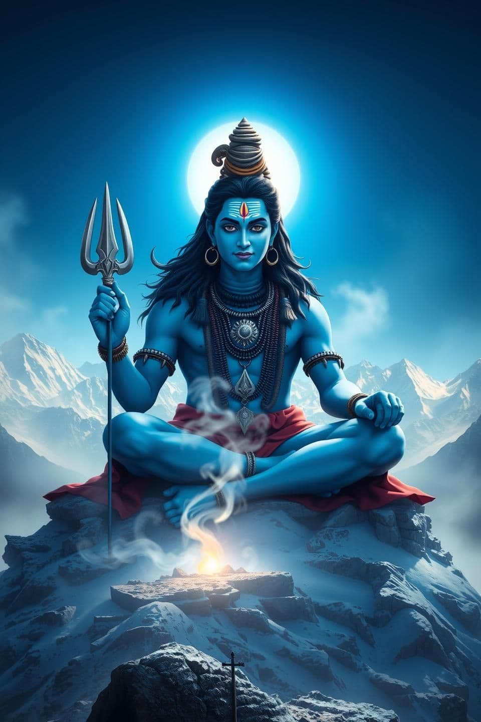 AI generated: A majestic 9:16 vertical divine scene of Lord Shiva sitting on Kailash, calm blue aura, glowing crescent moon above his head, flowing jata, snow mountains behind, soft smoke of dhu
