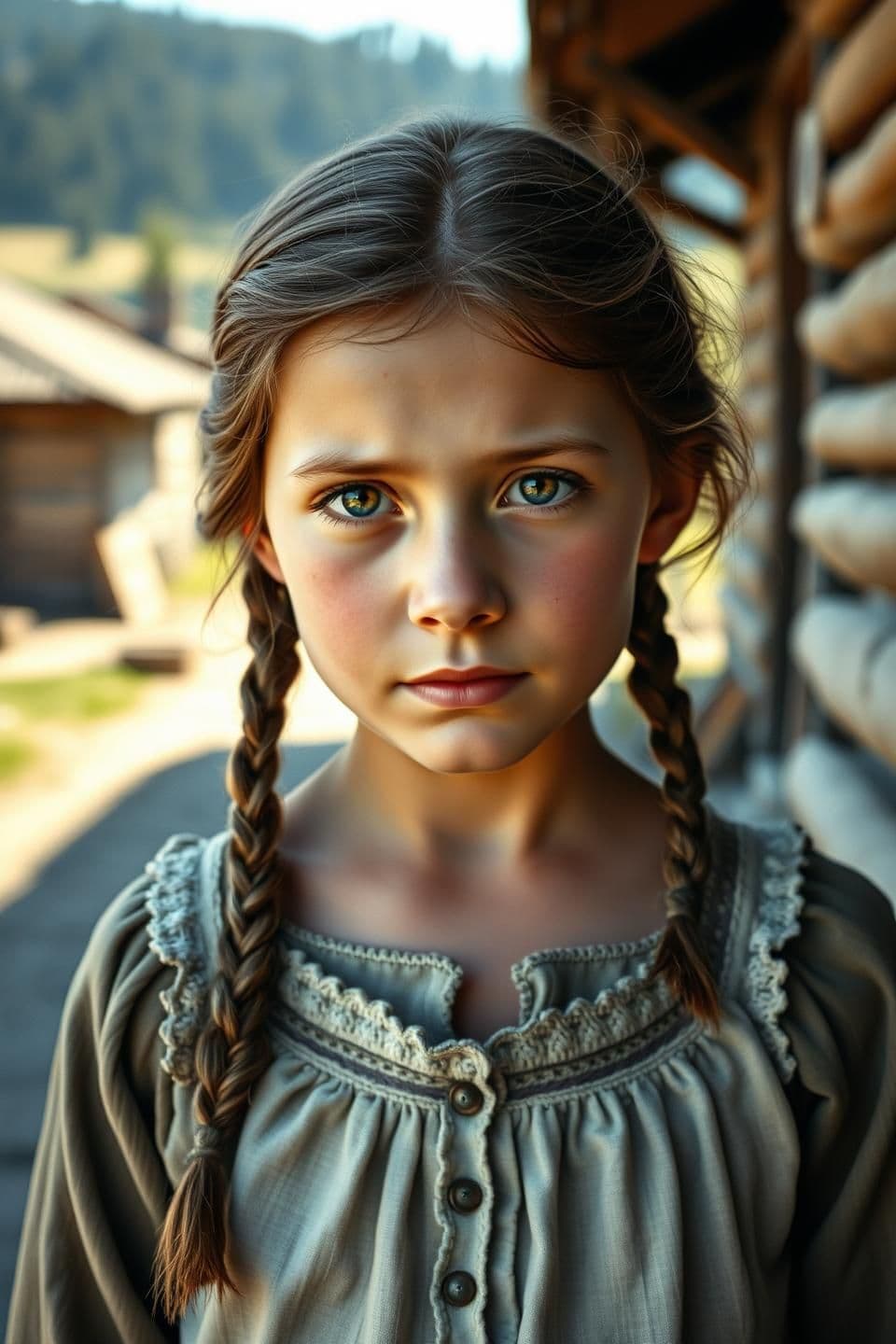 AI generated: A young Bulgarian girl in the 1920s countryside, representing a childhood version of Baba Vanga. She has soft Slavic features, simple rural clothing, braided hair and a gentle , in