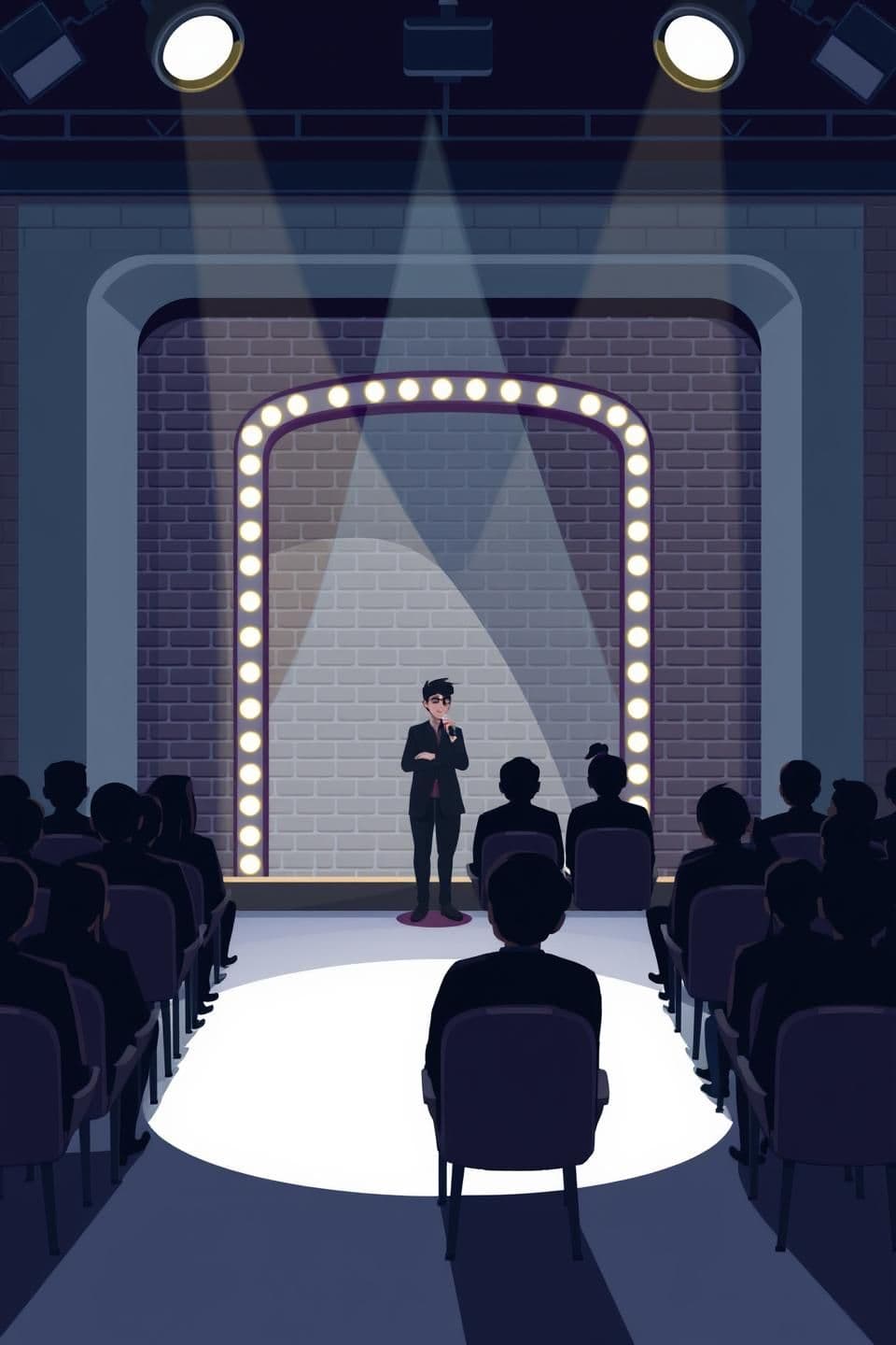 AI generated: Create a cartoon stand-up comedy stage inspired by a classic brick-wall comedy club, but redesigned with a fresh layout. Add a spotlight focused on the comedian at center stage. Ke
