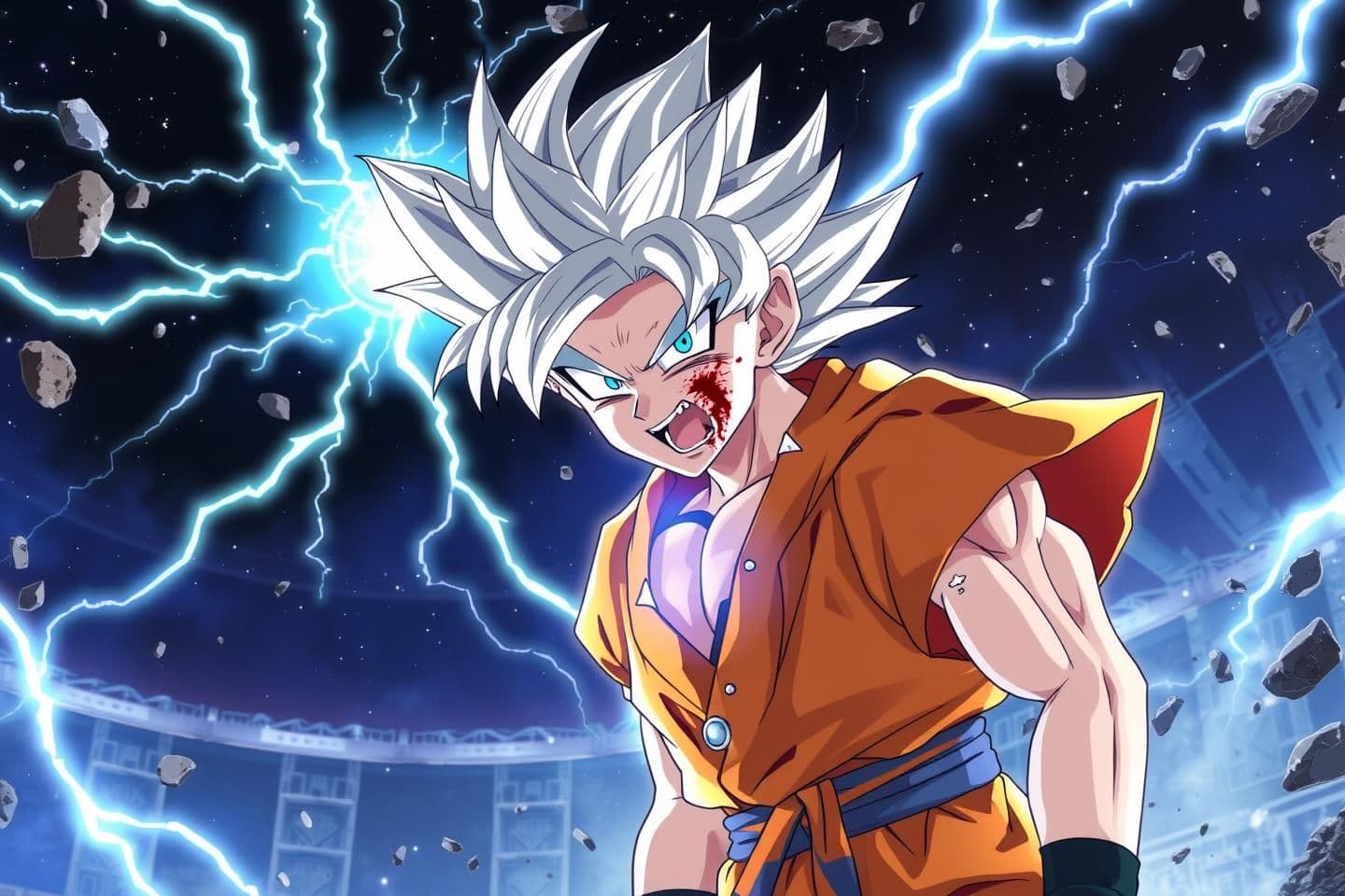 AI generated: anime warrior inspired by kid Goku with silver hair and glowing eyes being injured, wearing a torn orange gi, The warrior’s silver-blue aura flares violently, and the background sh