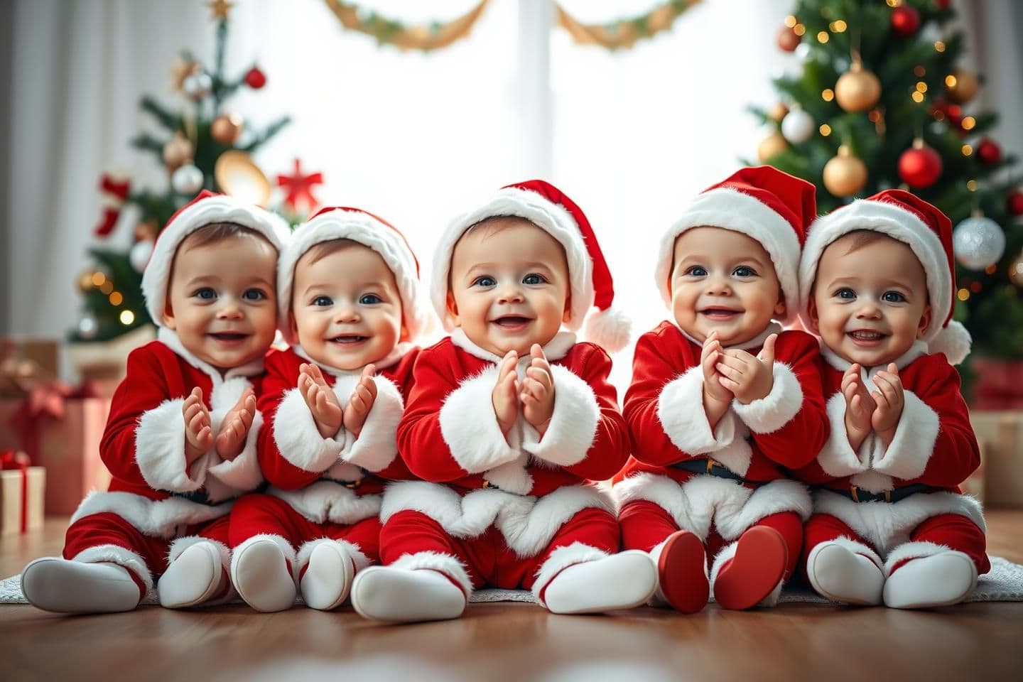 AI generated: 5 super cute realistic toddlers 3 months old white in color, wearing santa costumes, sitting together in a horizontal row facing the camera, clapping hands, big happy smiles, brigh