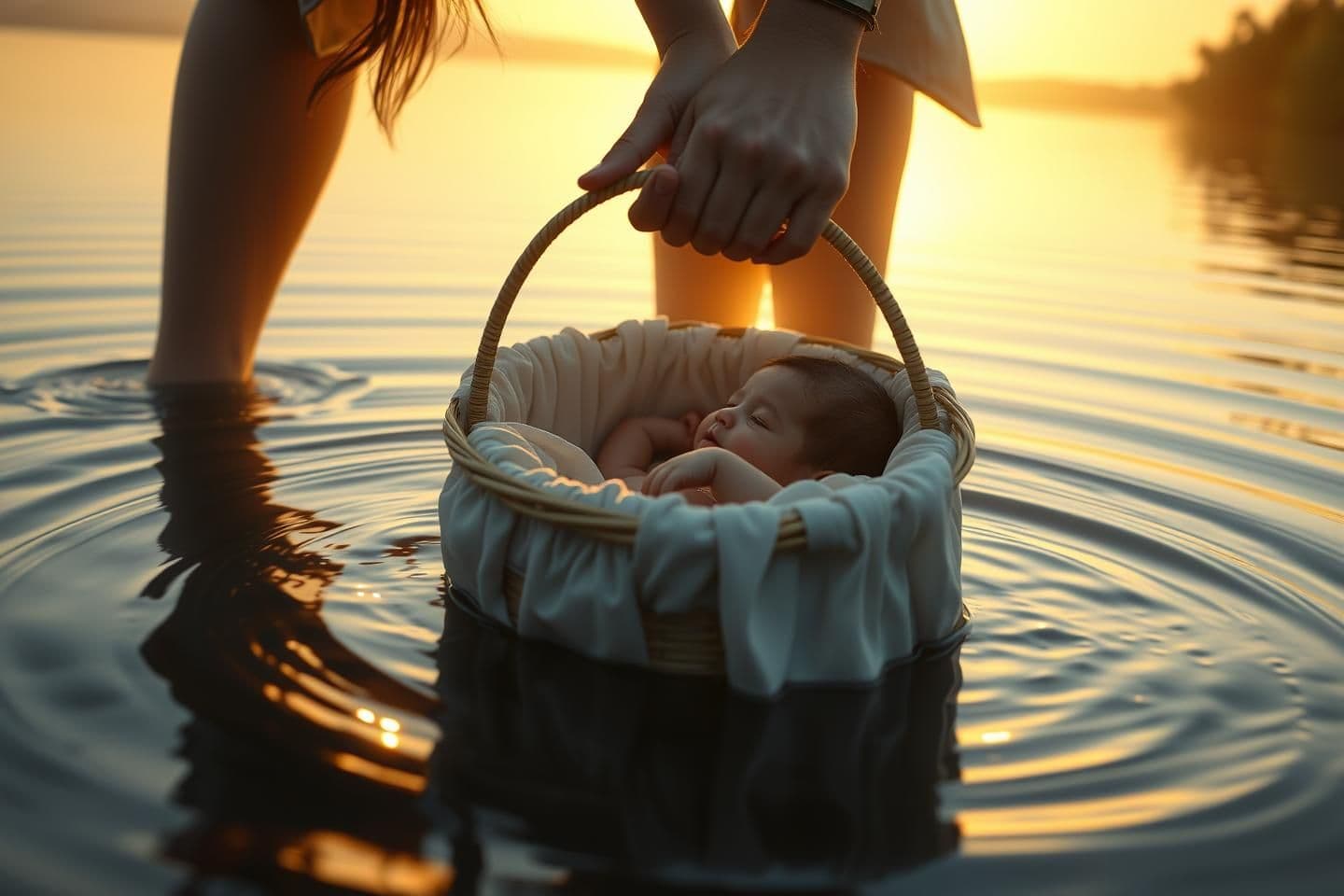 AI generated: A cinematic digital painting of a young mother standing knee-deep in a calm river at sunrise, seen from her first-person view. She gently releases a round bamboo basket without han