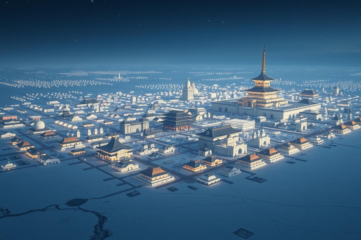 AI generated: Make a few images of a sprawling vast capital city in the middle of a vast salt flat at night. The city should have buildings that look modern and almost like ivory but should have