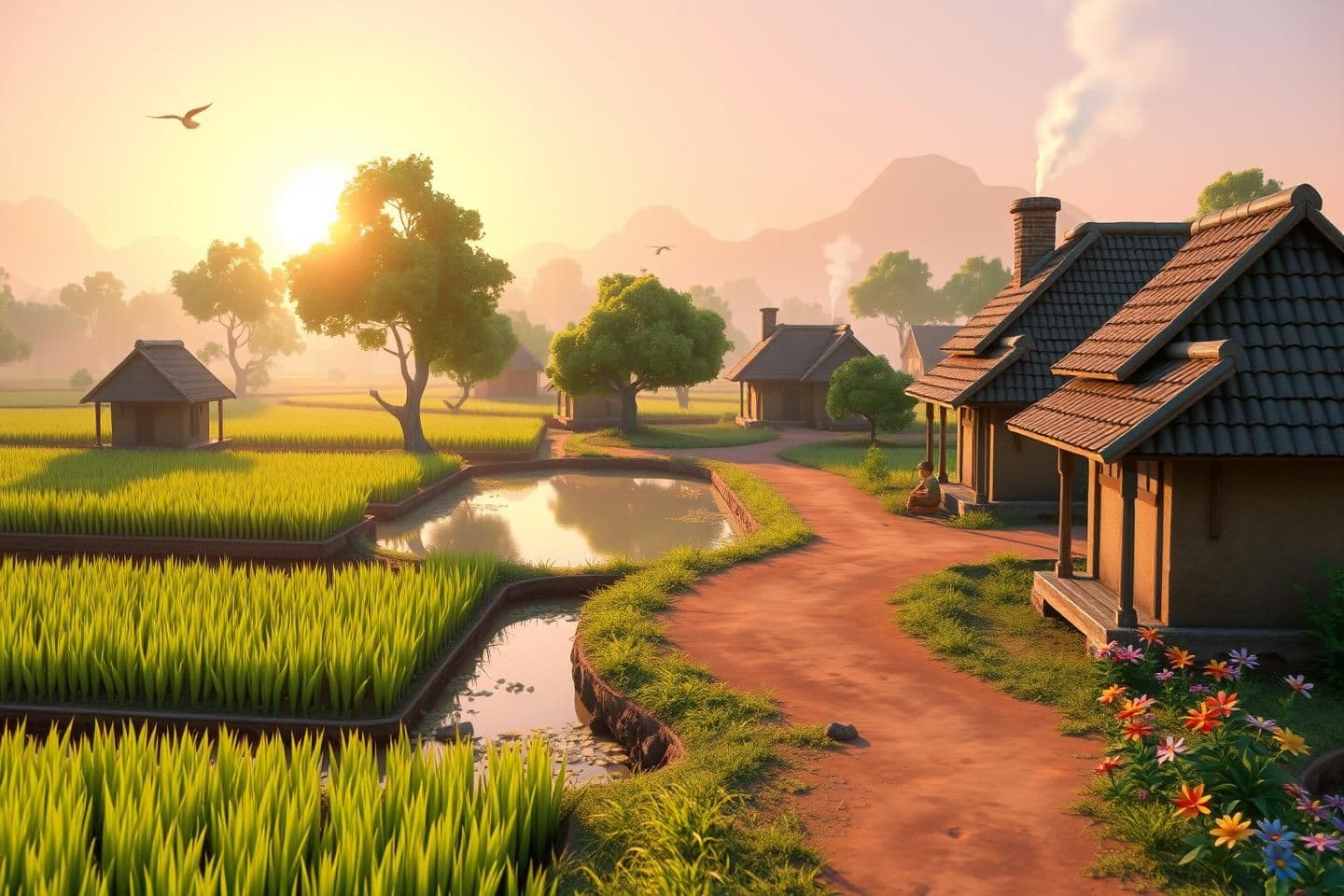 AI generated: "A peaceful early morning village scene in 3D cartoon Pixar style. Soft sunrise light shining warmly. Green rice fields, small mud houses with tiled roofs, smoke coming from a chim