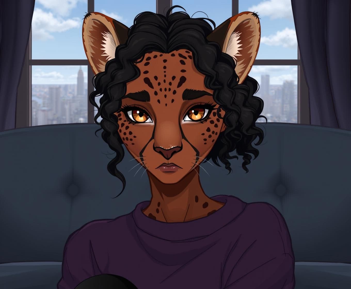 AI generated: A close up art piece of a cheetah demi-human ageless intersex female with a youthful appearance, possessing thick and long dark curly hair that frames her face, a deep brown comple