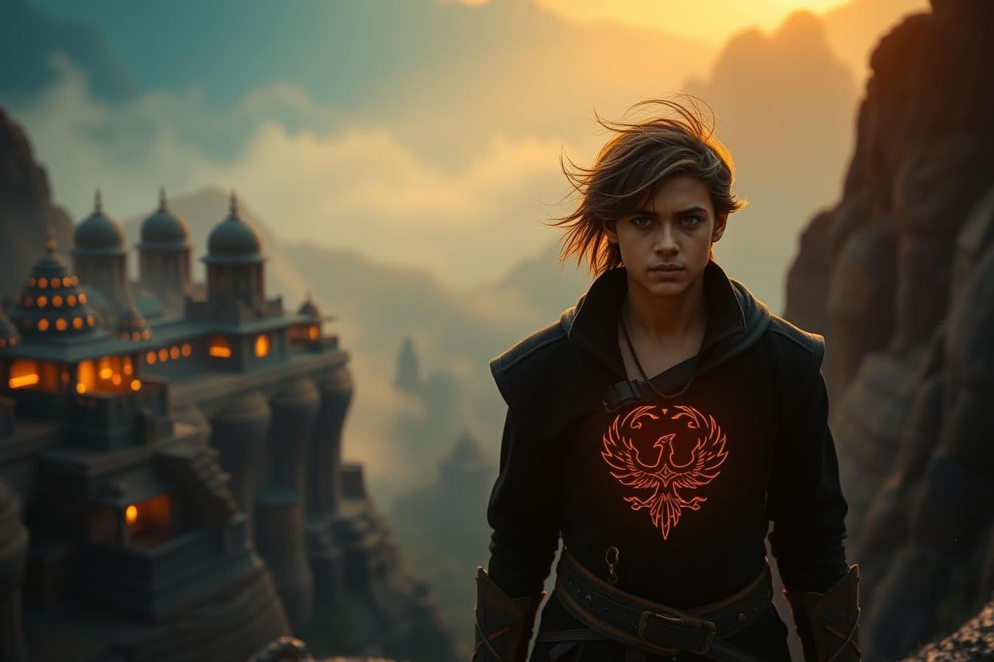 AI generated: Sunrise over a mysterious ancient Indian valley, glowing temples half-buried in mist.
A young warrior Veero stands at the cliff edge, brown wind-swept hair, black coat with golden