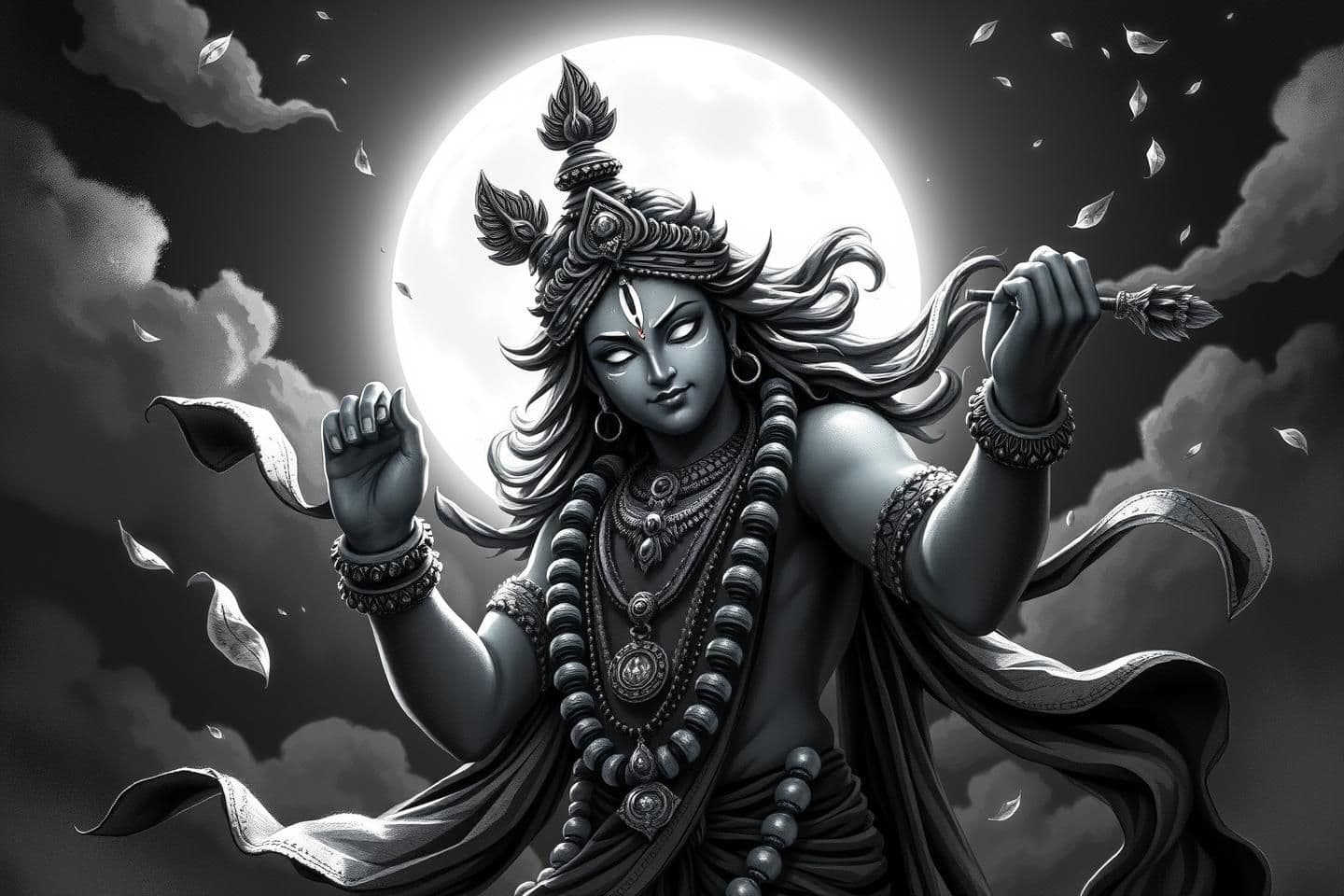 AI generated:
“Create a dramatic monochrome illustration of Lord Krishna in a dynamic pose under a glowing full moon. Show him adorned with detailed jewelry, sacred markings on the forehead, fl