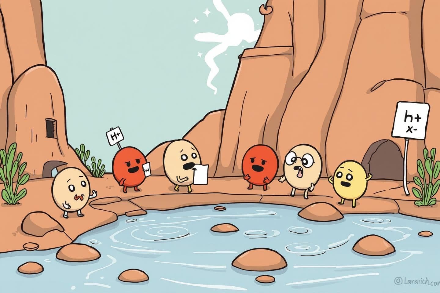 AI generated: Ions of chemistry like h+ and oh- and some salts...show then cartoon with some signs on them like positive and negative playing around a kingdom.. some are looking into the water..