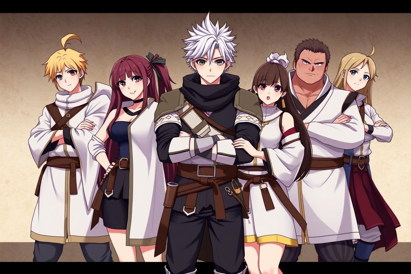 AI generated: A realistic anime-style group of friends in warrior-style outfits, the confident leader standing at the front, his two close allies beside him who is his girlfriendand friend and h
