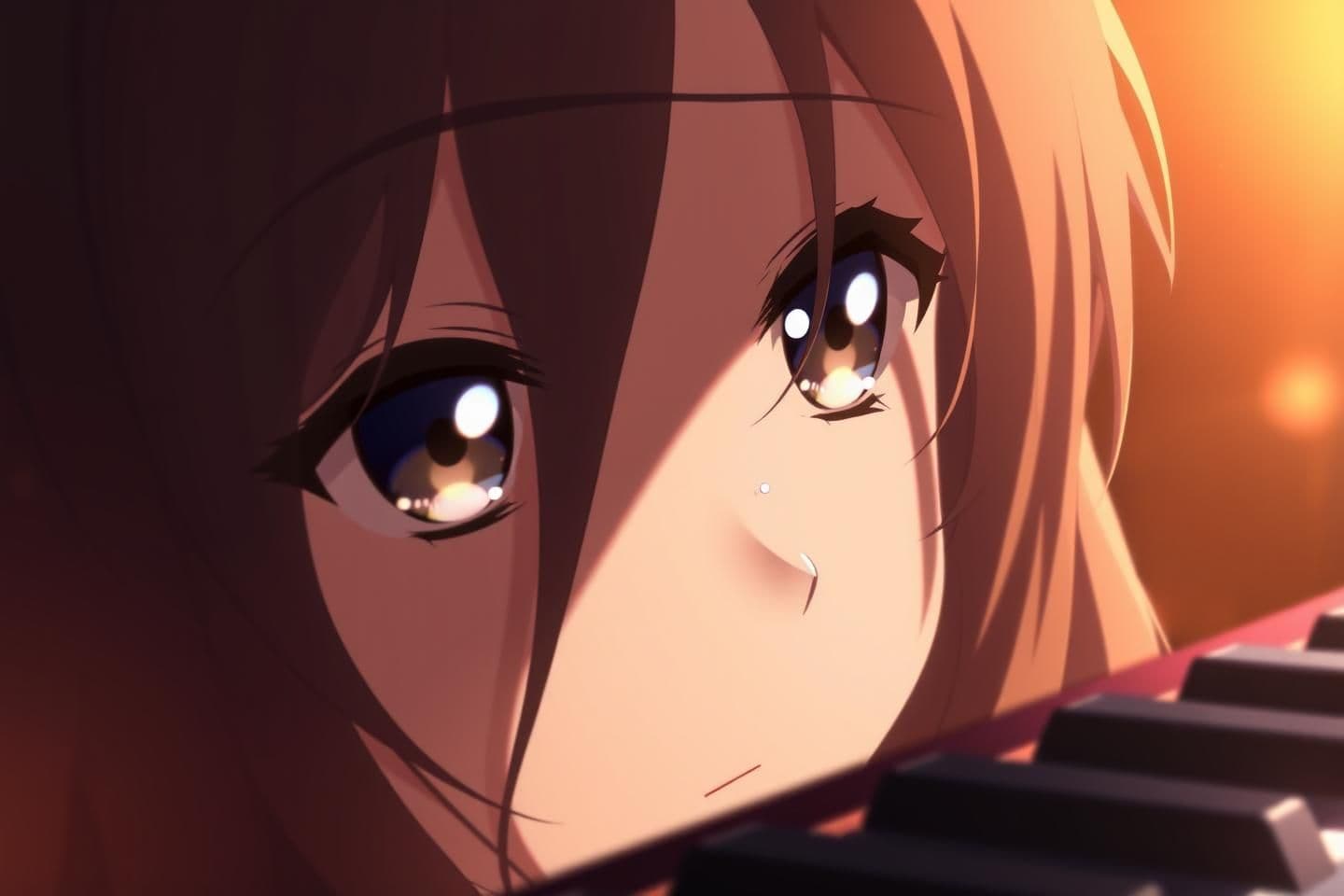 AI generated: Frame 2 – Awakening Emotion (0:08–0:15)
Close-up of her eyes glistening under the stage light. A single tear reflects the piano keys. The background blurs softly in warm amber lig