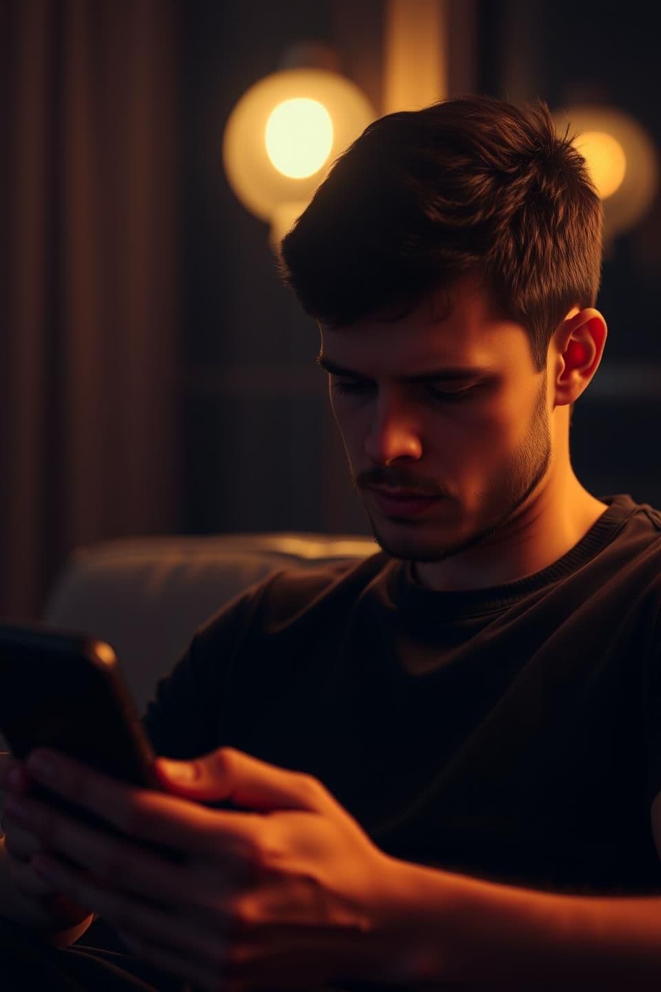 AI generated: 9:16 vertical video, the same young man, short black hair, light beard, simple dark t-shirt, sitting in dim warm warm light, close-up of tired eyes, scrolling smartphone, slight ha