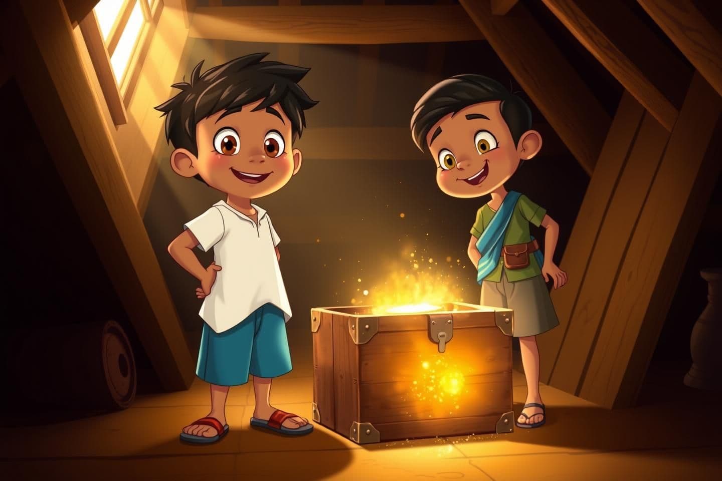 AI generated: Inside a dimly lit attic with wooden beams and sun rays shining through a window, 10-year-old Indian boy, light brown skin, messy black hair, big brown eyes, happy smile. Wears whi