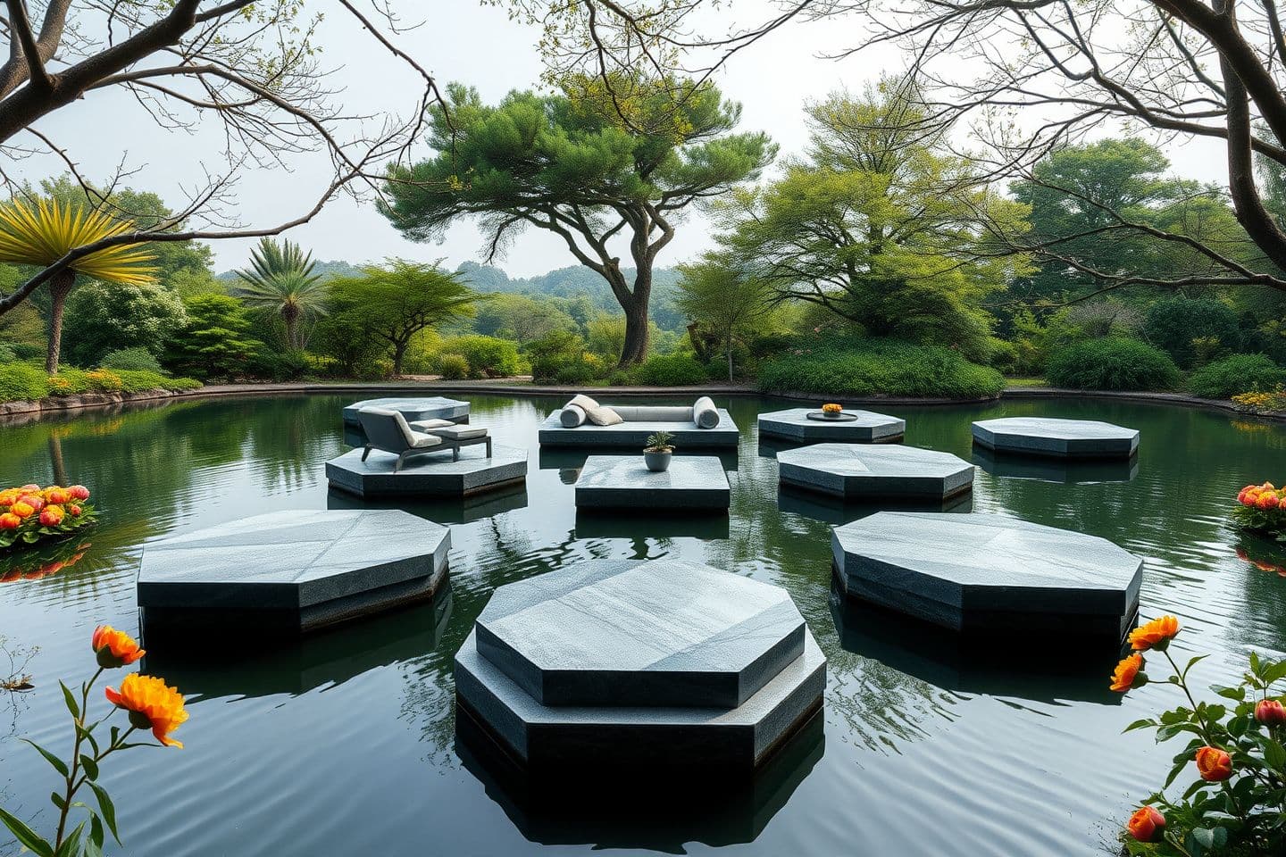 AI generated: Make an image is filled in the full A3 landscape photopaper with photoquality 8k where The image presents a serene landscape featuring a modern garden setting and modern outdoor s