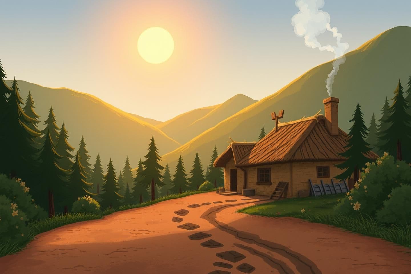AI generated: Scene 01 — A remote village between hills and forests (dawn).
Prompt: Wide establishing shot of a tiny village nestled between dense pine forests and high hills at early dawn; smok