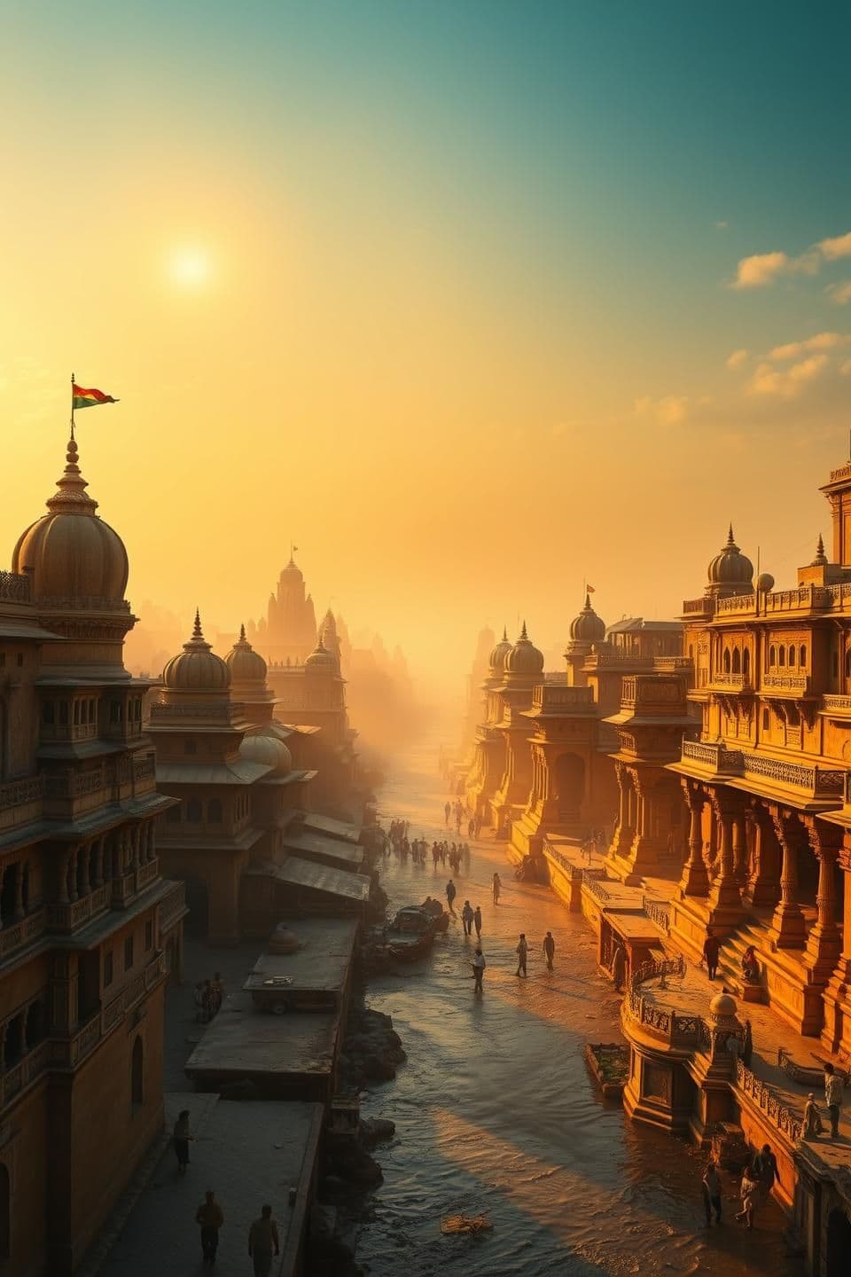 AI generated: ancient Indian city Ayodhya on Earth, ultra realistic, sunrise over river Sarayu, earthy colors, real buildings, temples with flags, people walking, dust in air, cinematic depth of