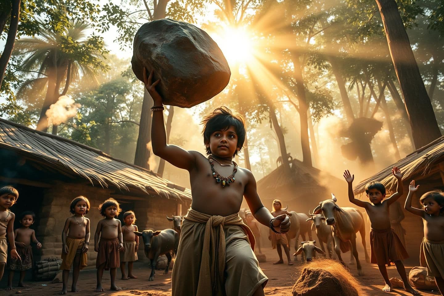 AI generated: “Young Barbarik, around 8–10 years old, effortlessly lifting a massive boulder with one hand, his small body radiating extraordinary divine strength. His eyes shine with a subtle c