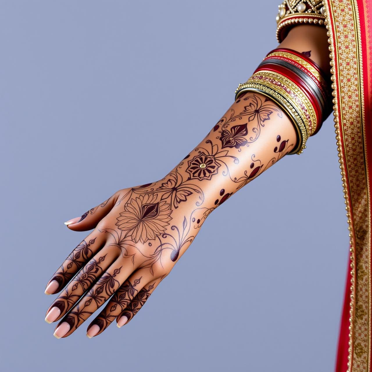 AI generated: "Generate an artistic AI-style image of the bridal arm of an Indian bride named Heena, shown from fingers to elbow. The arm features unique, modern-meets-traditional mehndi (henna)