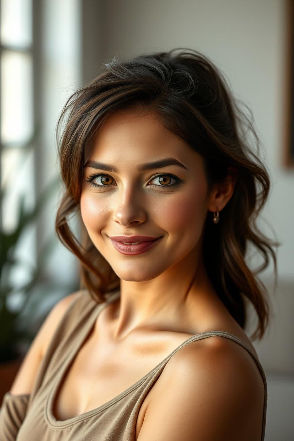 AI generated: A beautiful 25-year-old woman with a natural, elegant appearance. She has expressive eyes, soft facial features, and a confident, warm smile. Her skin looks healthy and radiant, wi