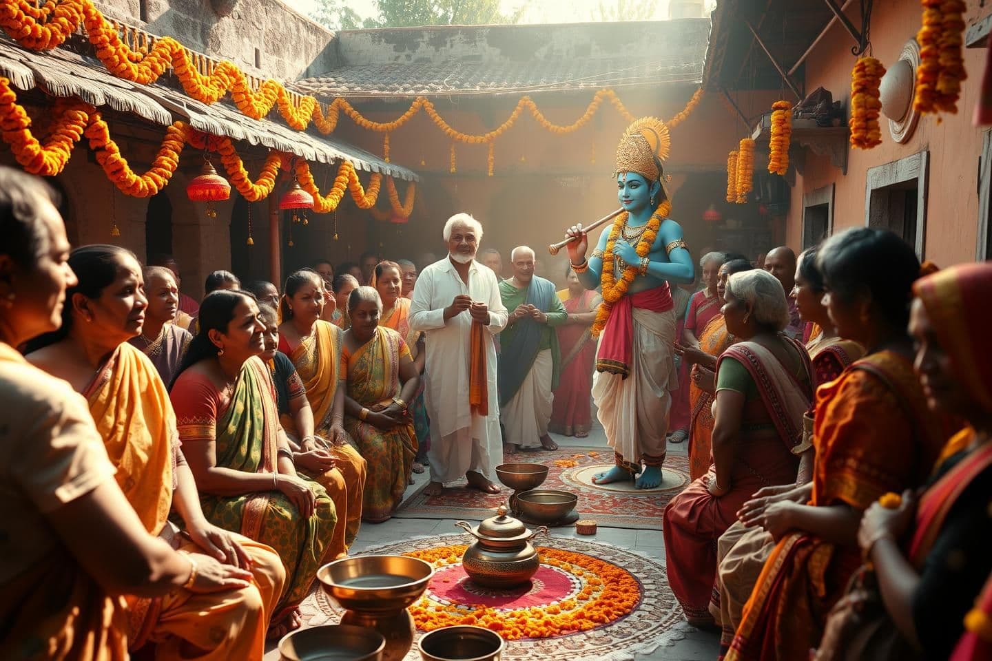 AI generated: “Kunvarbai nu Mameru ceremony scene in a traditional Gujarati village courtyard, decorated with marigold flowers, torans, brass lamps, rangoli. Women wearing colorful ghaghra-choli