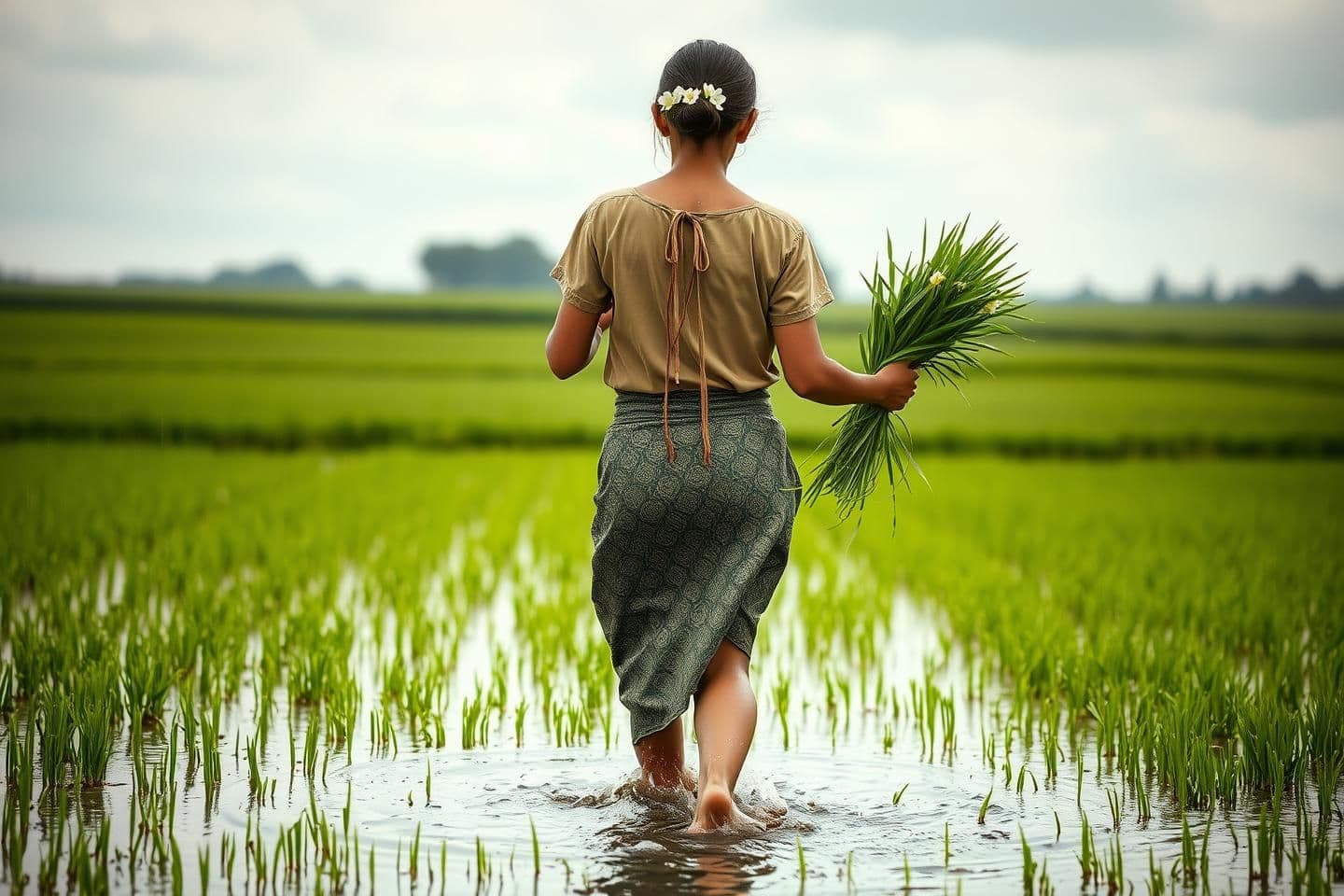 AI generated: A young village woman walking barefoot through shallow water in a lush green rice paddy field during gentle monsoon rain, rear view. She wears a traditional short-sleeve blouse wit