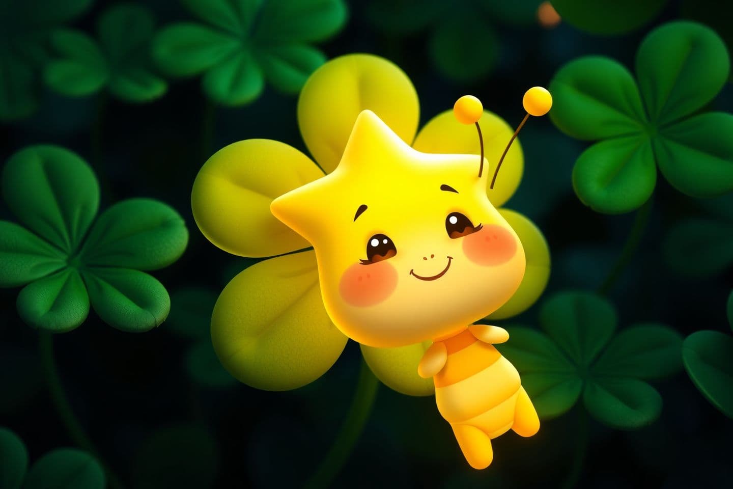 AI generated: The image is a digitally rendered, whimsical composition.The image showcases a charming, cartoon-style firefly floating in a lush green environment at midnight.below It features a