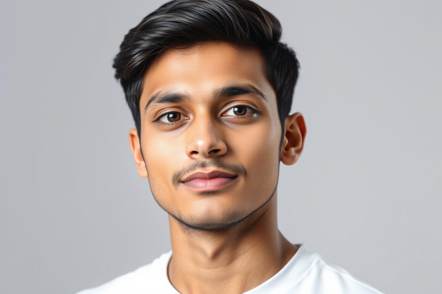 AI generated: “A high-resolution studio-style portrait of a 21-year-old man looking forward. Clean, soft studio lighting, sharp details, and natural skin texture. In the background, create a smo